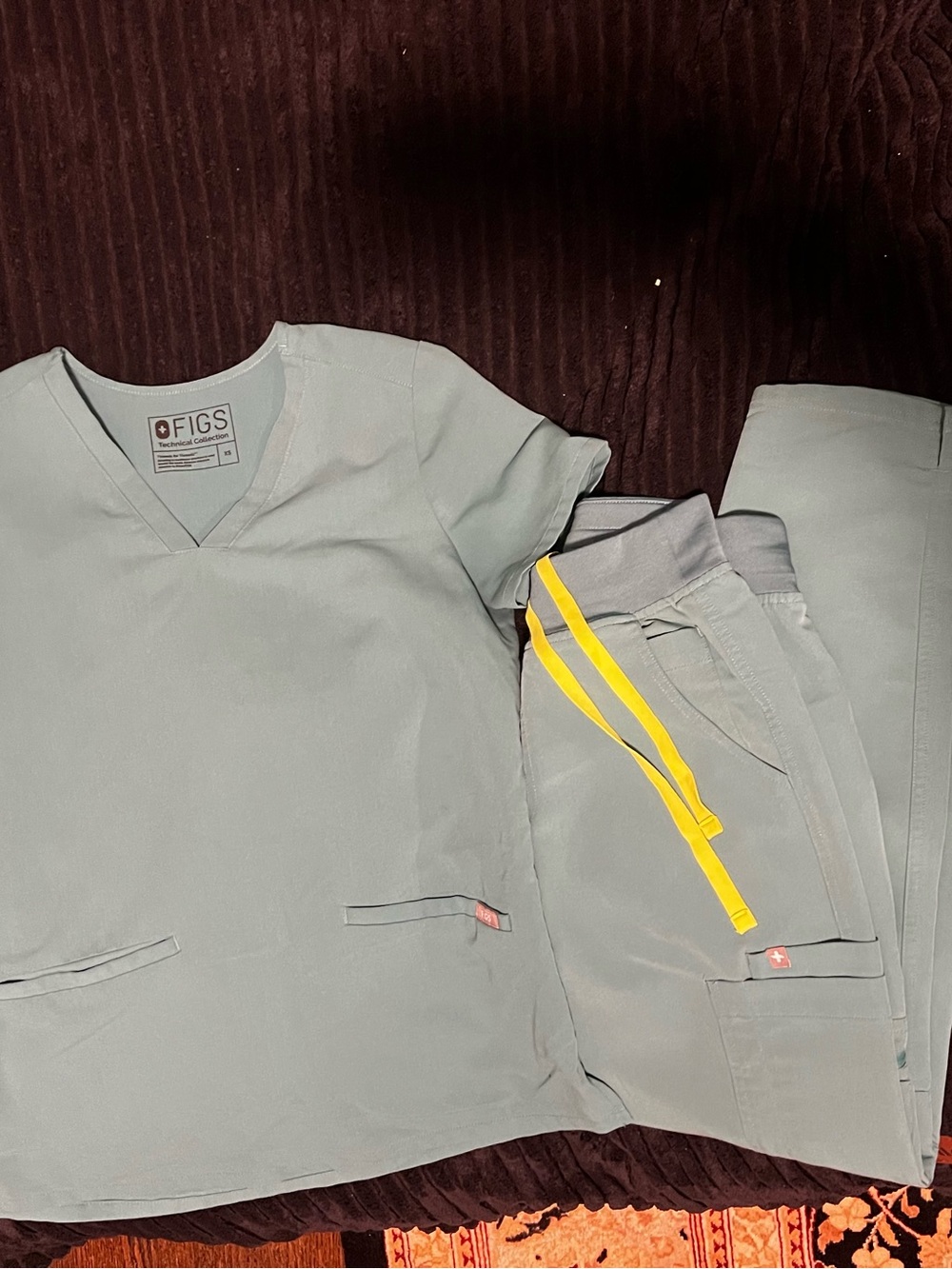 FIGS Scrub Top and Pants with Yellow Drawstrings